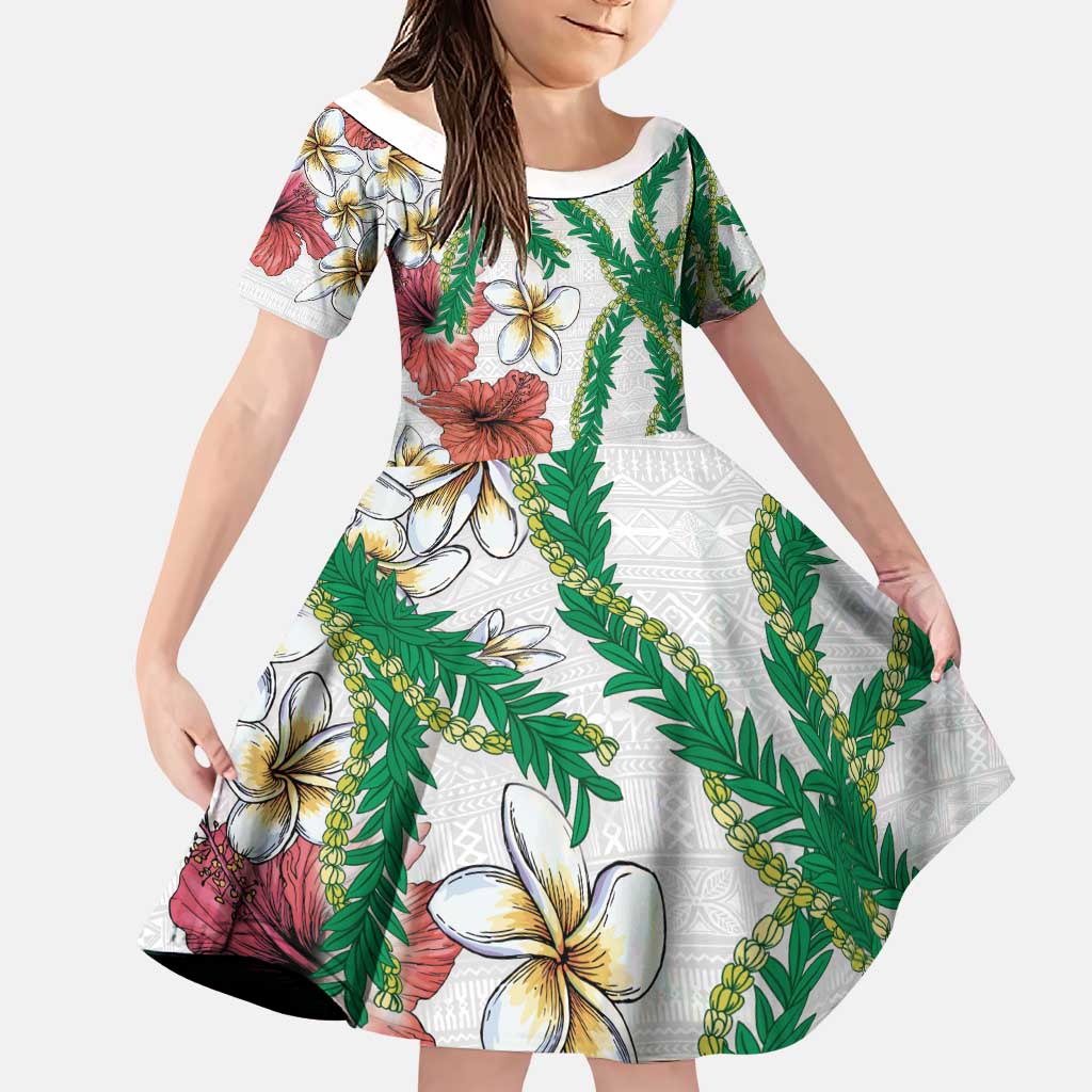 Hawaiian Tropical Flowers and Maile Pikake Family Matching Puletasi and Hawaiian Shirt Polynesian Tribal Pattern White Color LT03 Daughter's Dress White - Polynesian Pride