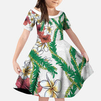 Hawaiian Tropical Flowers and Maile Pikake Family Matching Puletasi and Hawaiian Shirt Polynesian Tribal Pattern White Color LT03 Daughter's Dress White - Polynesian Pride