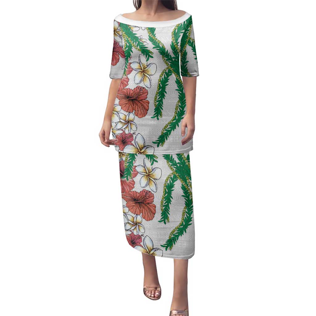 Hawaiian Tropical Flowers and Maile Pikake Family Matching Puletasi and Hawaiian Shirt Polynesian Tribal Pattern White Color LT03 Mom's Dress White - Polynesian Pride