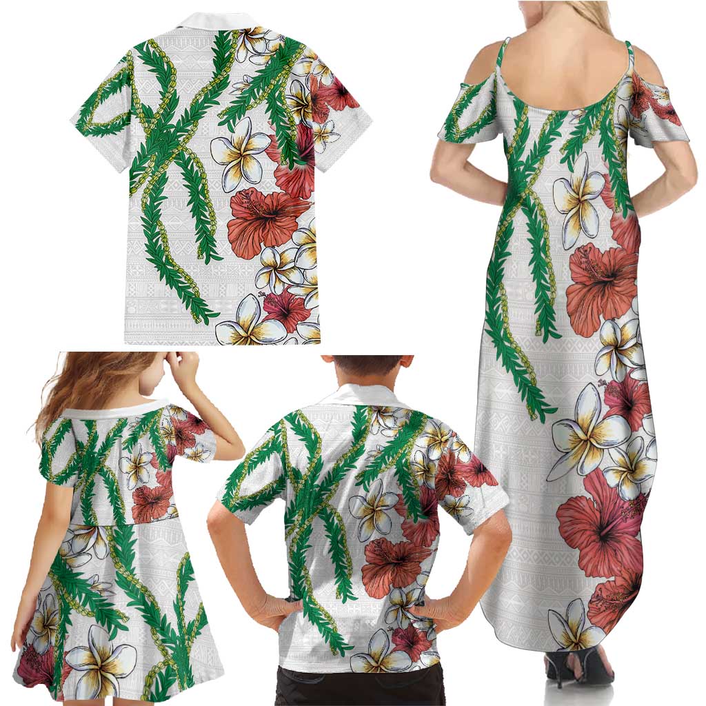 Hawaiian Tropical Flowers and Maile Pikake Family Matching Summer Maxi Dress and Hawaiian Shirt Polynesian Tribal Pattern White Color