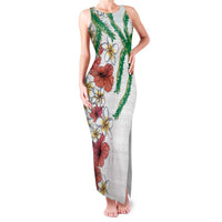 Hawaiian Tropical Flowers and Maile Pikake Family Matching Tank Maxi Dress and Hawaiian Shirt Polynesian Tribal Pattern White Color