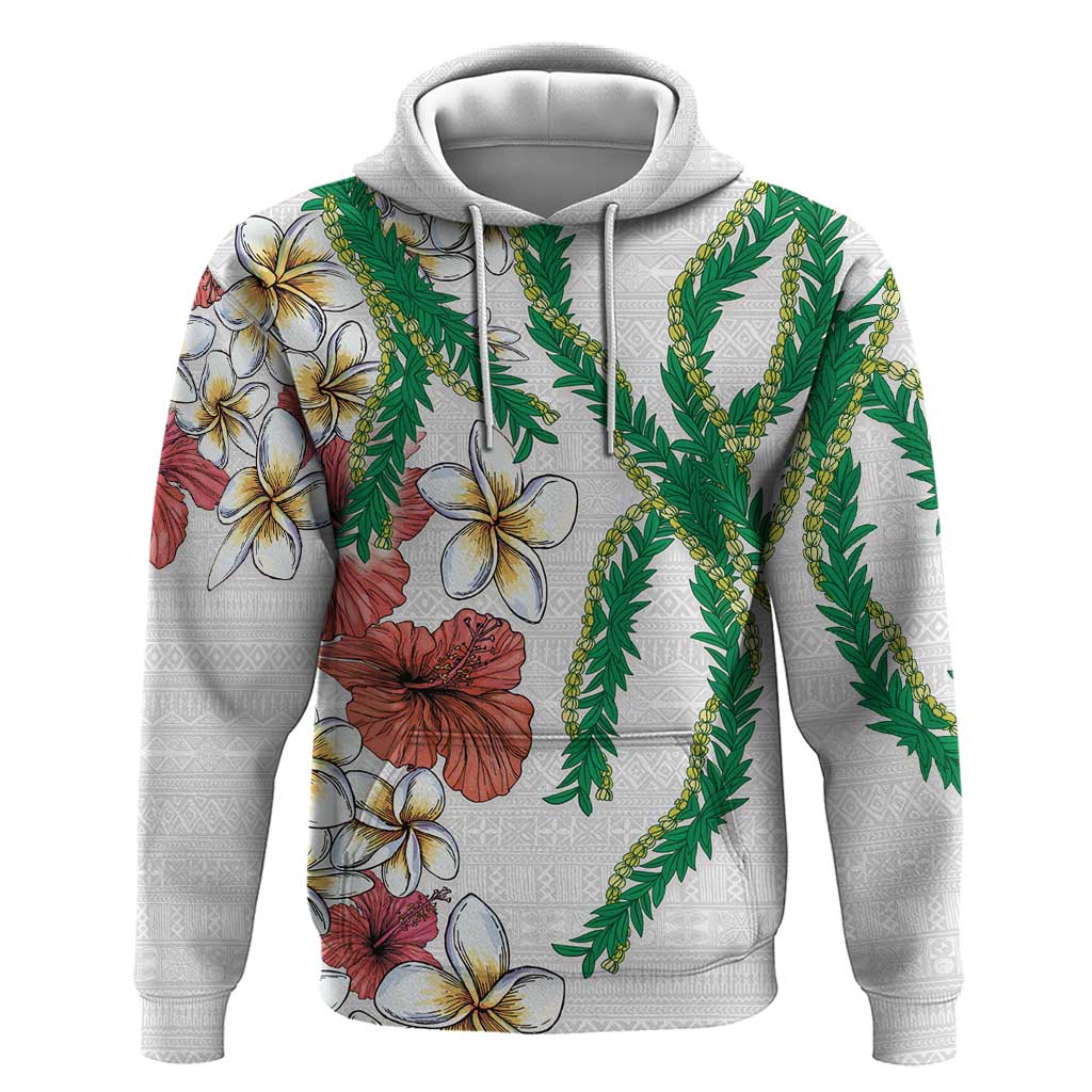 Hawaiian Tropical Flowers and Maile Pikake Hoodie Polynesian Tribal Pattern White Color