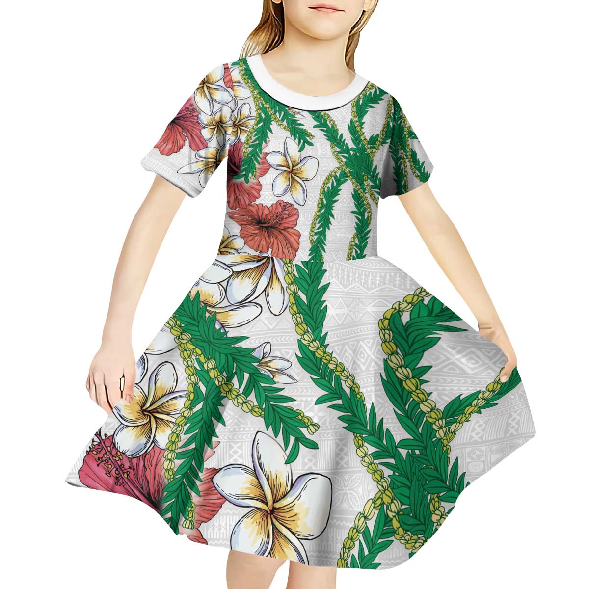 Hawaiian Tropical Flowers and Maile Pikake Kid Short Sleeve Dress Polynesian Tribal Pattern White Color