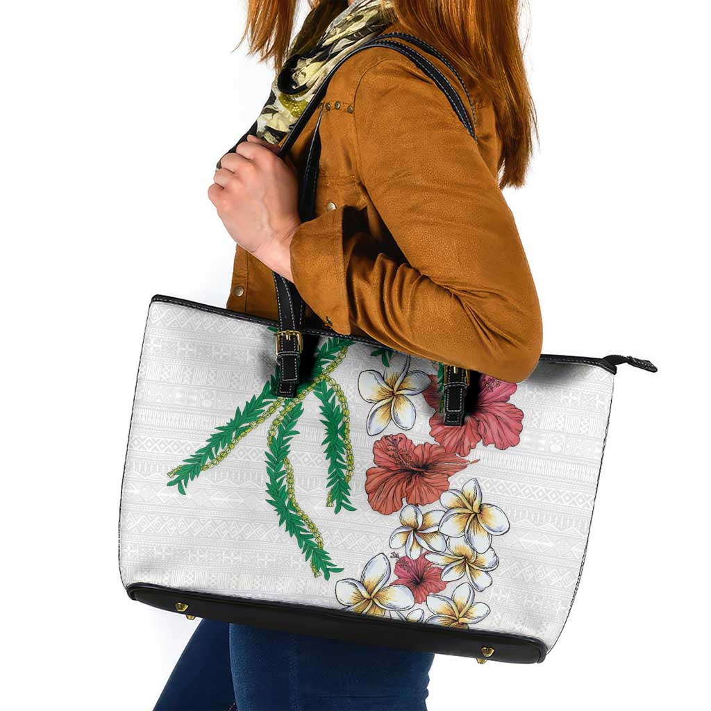 Hawaiian Tropical Flowers and Maile Pikake Leather Tote Bag Polynesian Tribal Pattern White Color