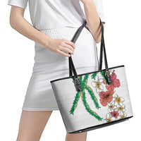 Hawaiian Tropical Flowers and Maile Pikake Leather Tote Bag Polynesian Tribal Pattern White Color
