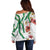 Hawaiian Tropical Flowers and Maile Pikake Off Shoulder Sweater Polynesian Tribal Pattern White Color