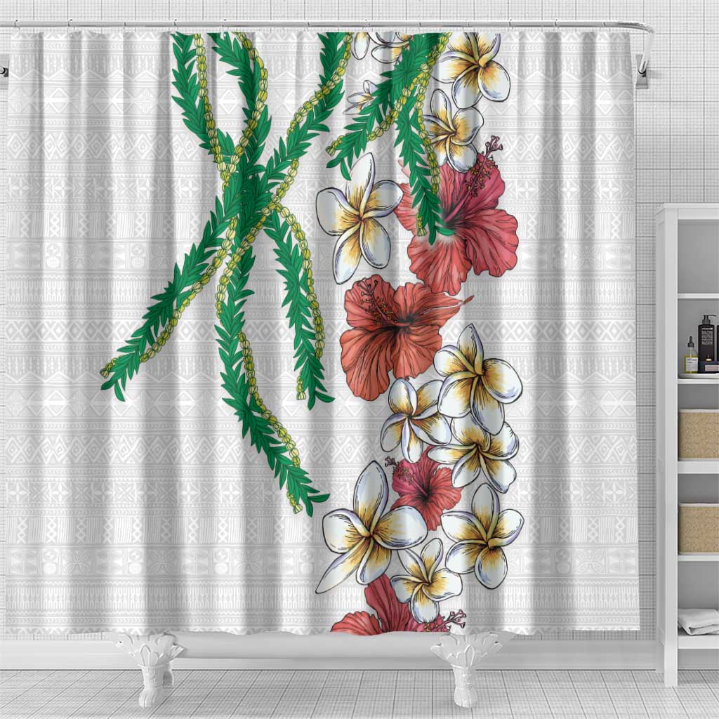 Hawaiian Tropical Flowers and Maile Pikake Shower Curtain Polynesian Tribal Pattern White Color