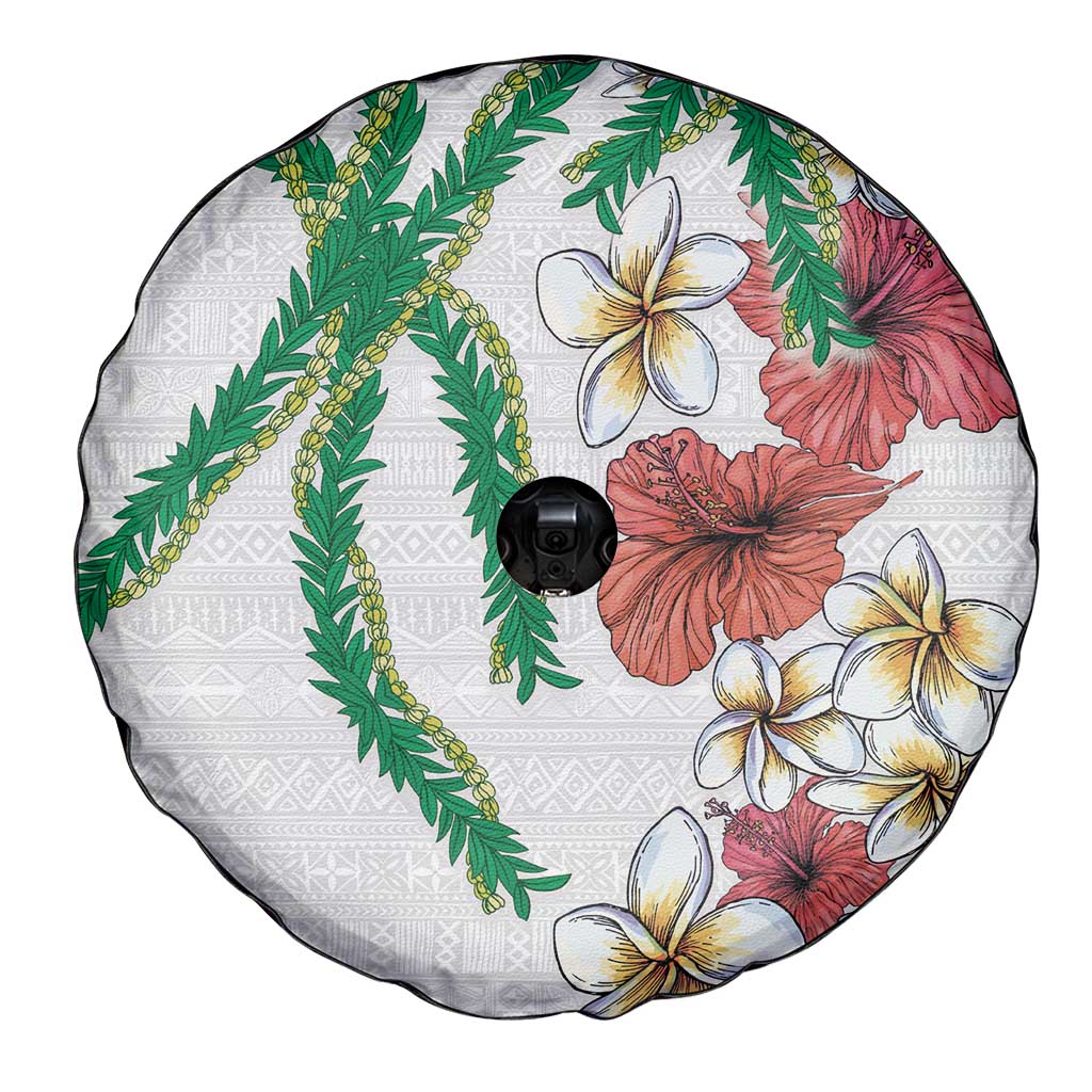 Hawaiian Tropical Flowers and Maile Pikake Spare Tire Cover Polynesian Tribal Pattern White Color