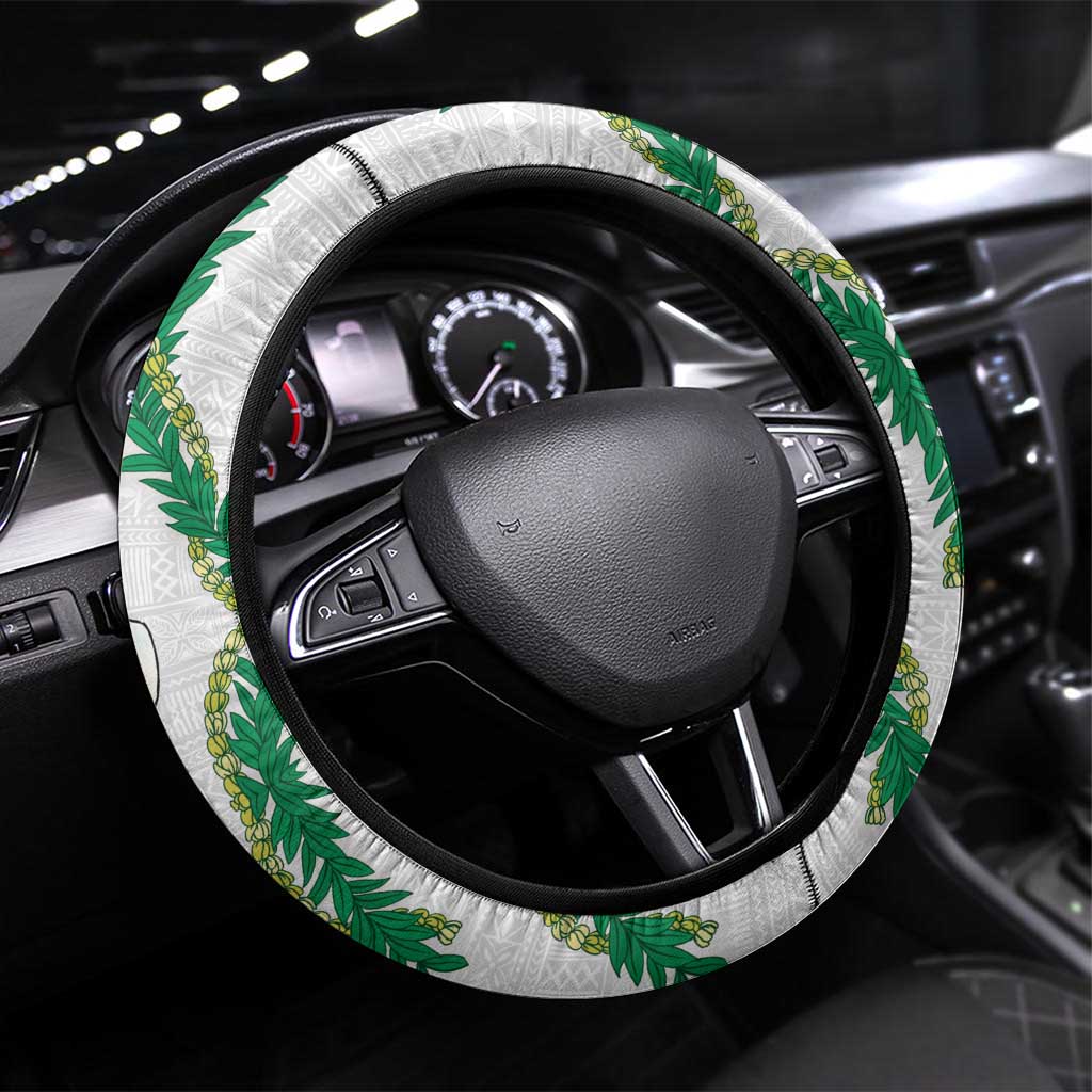 Hawaiian Tropical Flowers and Maile Pikake Steering Wheel Cover Polynesian Tribal Pattern White Color