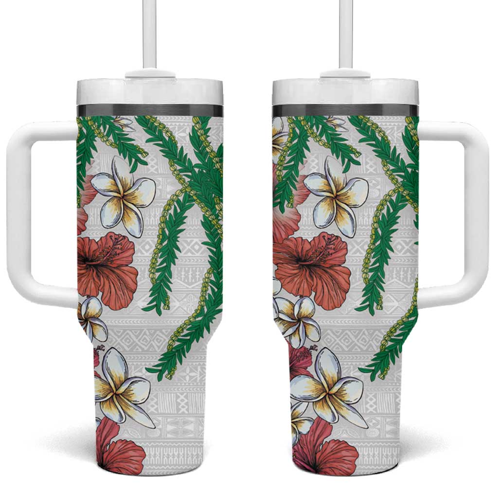 Hawaiian Tropical Flowers and Maile Pikake Tumbler With Handle Polynesian Tribal Pattern White Color