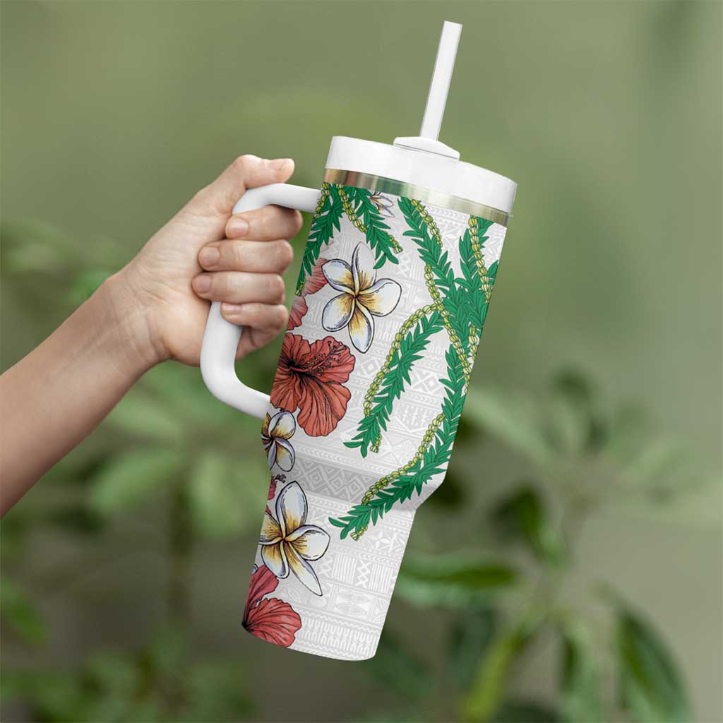 Hawaiian Tropical Flowers and Maile Pikake Tumbler With Handle Polynesian Tribal Pattern White Color