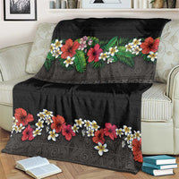 Hawaiian Tropical Flowers and Tribal Polynesian Tattoo Blanket Black Color