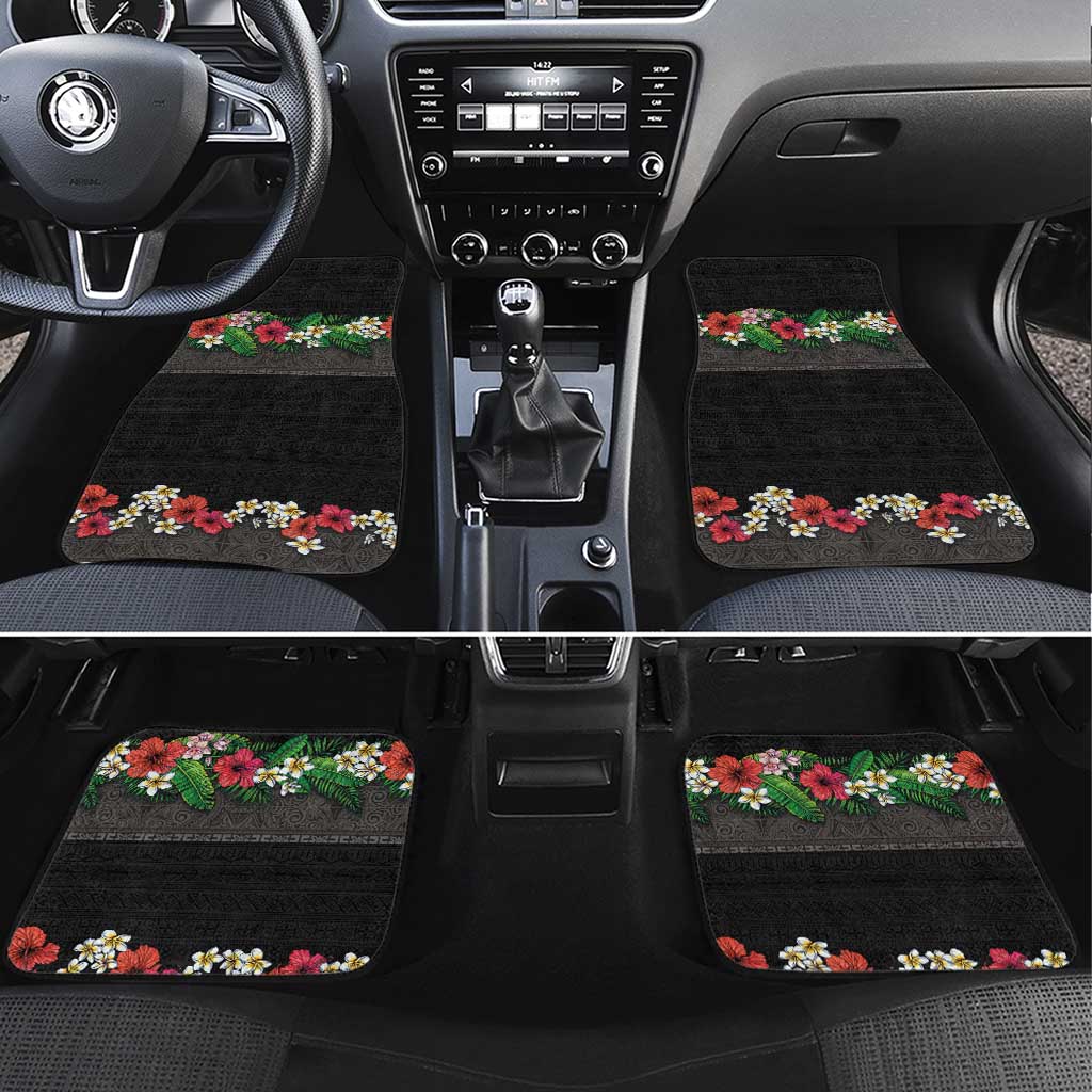 Hawaiian Tropical Flowers and Tribal Polynesian Tattoo Car Mats Black Color