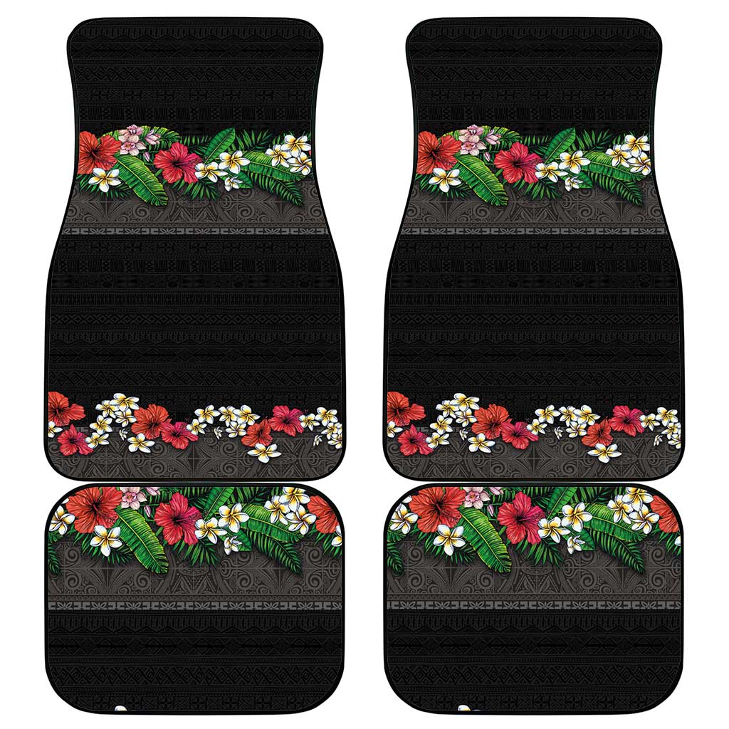 Hawaiian Tropical Flowers and Tribal Polynesian Tattoo Car Mats Black Color