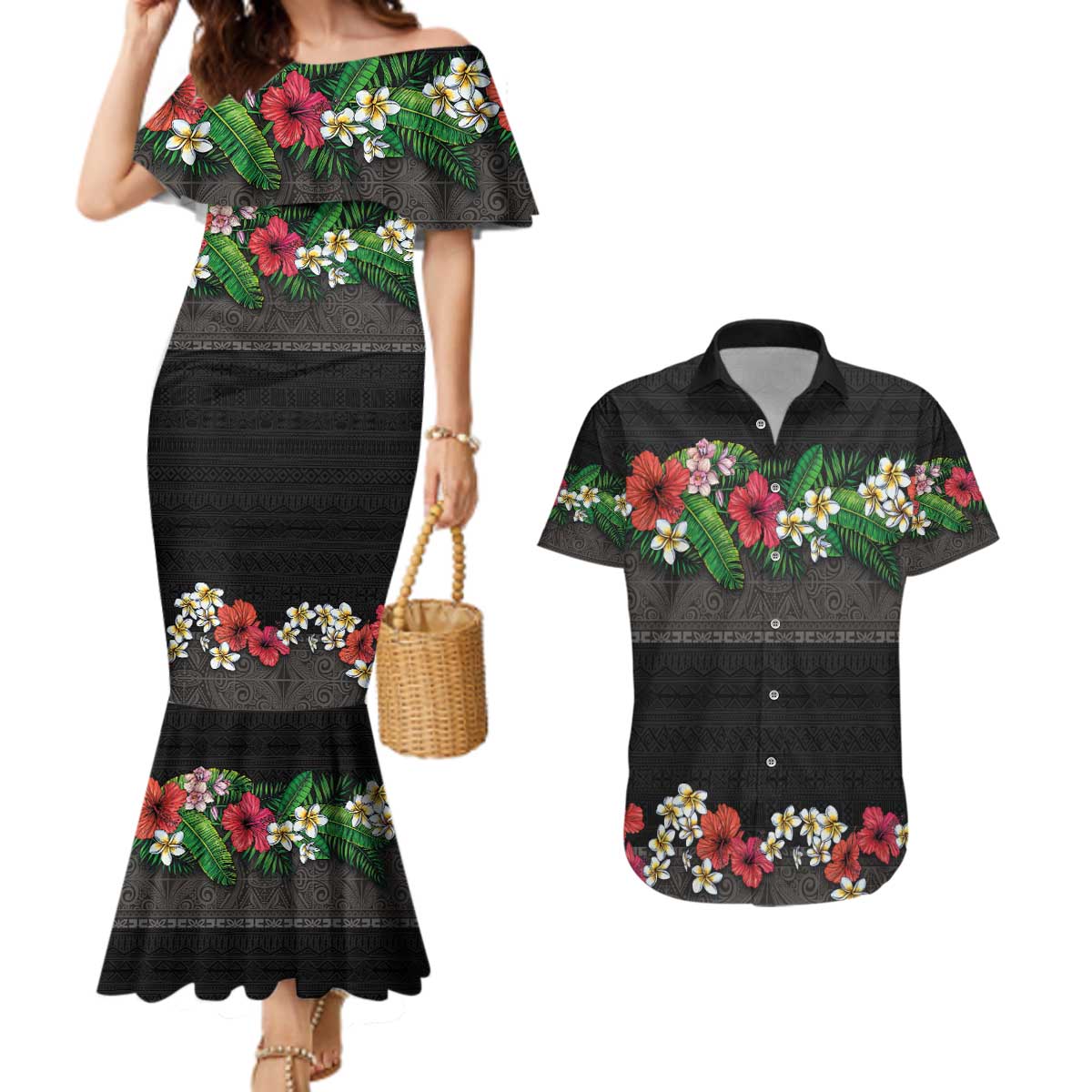 Hawaiian Tropical Flowers and Tribal Polynesian Tattoo Couples Matching Mermaid Dress and Hawaiian Shirt Black Color LT03 Black - Polynesian Pride