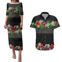 Hawaiian Tropical Flowers and Tribal Polynesian Tattoo Couples Matching Puletasi and Hawaiian Shirt Black Color LT03 Black - Polynesian Pride