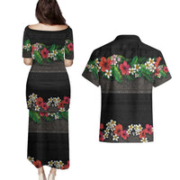 Hawaiian Tropical Flowers and Tribal Polynesian Tattoo Couples Matching Puletasi and Hawaiian Shirt Black Color LT03 - Polynesian Pride