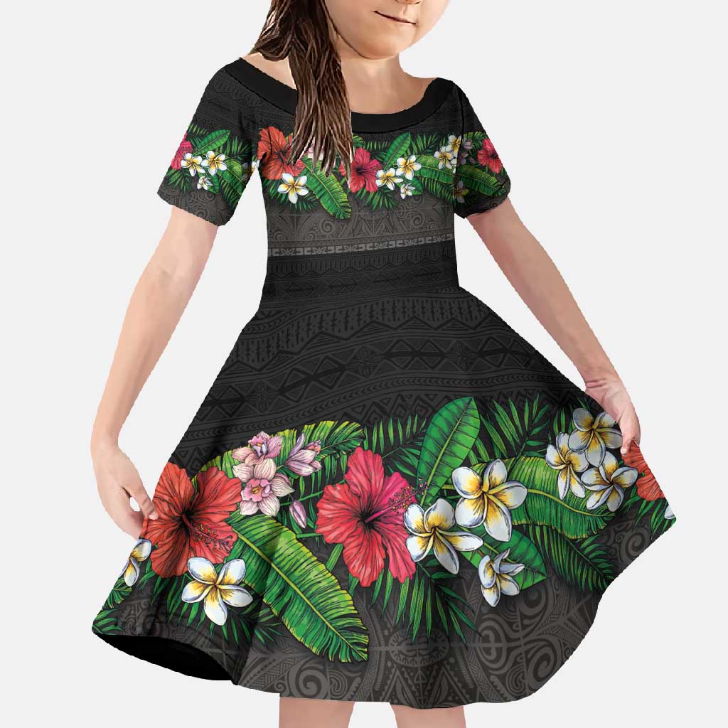 Hawaiian Tropical Flowers and Tribal Polynesian Tattoo Family Matching Long Sleeve Bodycon Dress and Hawaiian Shirt Black Color LT03 Daughter's Dress Black - Polynesian Pride