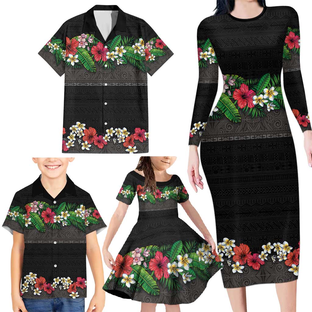 Hawaiian Tropical Flowers and Tribal Polynesian Tattoo Family Matching Long Sleeve Bodycon Dress and Hawaiian Shirt Black Color LT03 - Polynesian Pride
