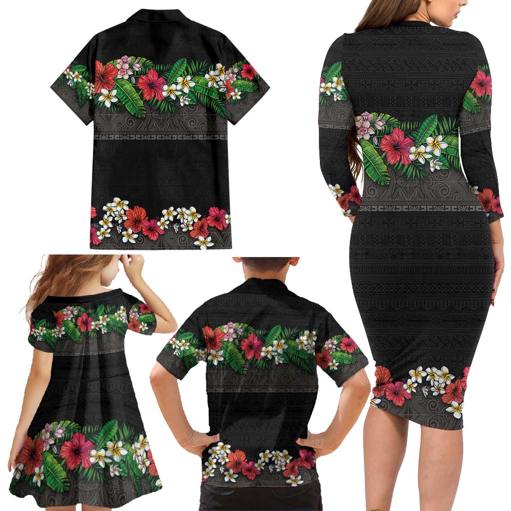 Hawaiian Tropical Flowers and Tribal Polynesian Tattoo Family Matching Long Sleeve Bodycon Dress and Hawaiian Shirt Black Color LT03 - Polynesian Pride