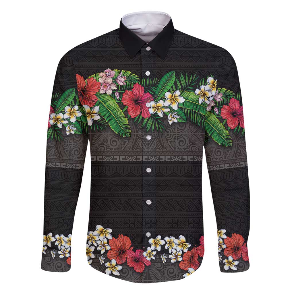Hawaiian Tropical Flowers and Tribal Polynesian Tattoo Family Matching Long Sleeve Bodycon Dress and Hawaiian Shirt Black Color LT03 Dad's Shirt - Long Sleeve Black - Polynesian Pride