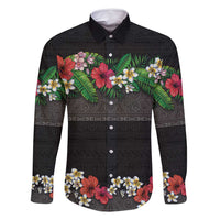 Hawaiian Tropical Flowers and Tribal Polynesian Tattoo Family Matching Long Sleeve Bodycon Dress and Hawaiian Shirt Black Color LT03 Dad's Shirt - Long Sleeve Black - Polynesian Pride