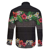 Hawaiian Tropical Flowers and Tribal Polynesian Tattoo Family Matching Long Sleeve Bodycon Dress and Hawaiian Shirt Black Color LT03 - Polynesian Pride