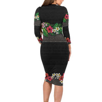 Hawaiian Tropical Flowers and Tribal Polynesian Tattoo Family Matching Long Sleeve Bodycon Dress and Hawaiian Shirt Black Color LT03 - Polynesian Pride
