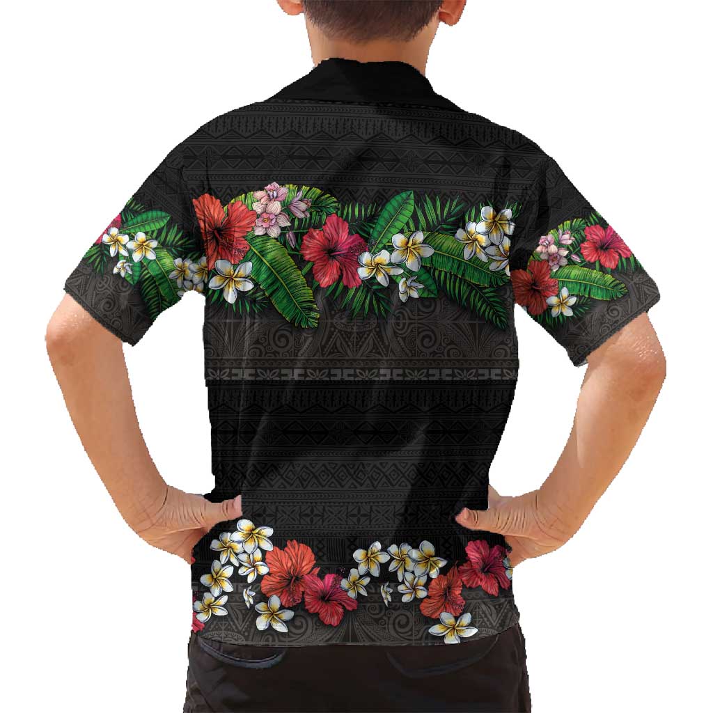 Hawaiian Tropical Flowers and Tribal Polynesian Tattoo Family Matching Puletasi and Hawaiian Shirt Black Color LT03 - Polynesian Pride