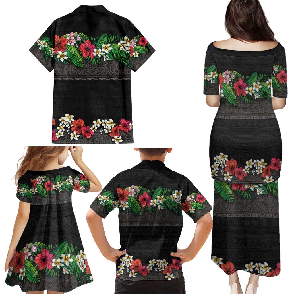 Hawaiian Tropical Flowers and Tribal Polynesian Tattoo Family Matching Puletasi and Hawaiian Shirt Black Color LT03 - Polynesian Pride