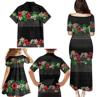 Hawaiian Tropical Flowers and Tribal Polynesian Tattoo Family Matching Puletasi and Hawaiian Shirt Black Color LT03 - Polynesian Pride