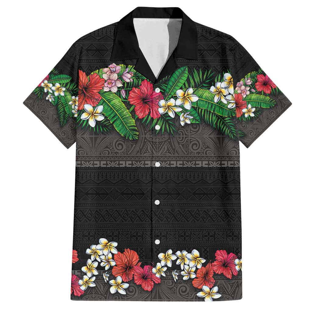 Hawaiian Tropical Flowers and Tribal Polynesian Tattoo Family Matching Puletasi and Hawaiian Shirt Black Color LT03 Dad's Shirt - Short Sleeve Black - Polynesian Pride