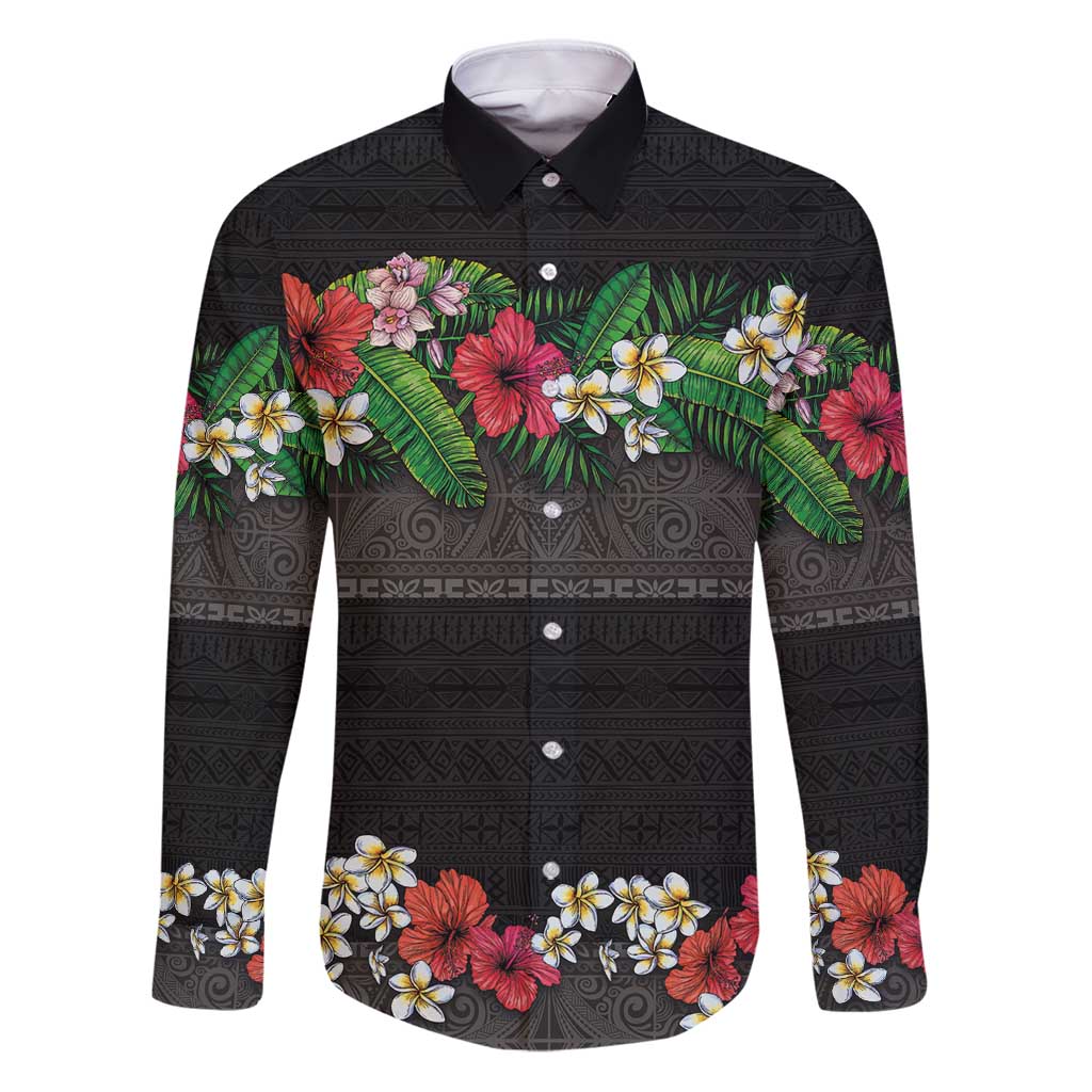 Hawaiian Tropical Flowers and Tribal Polynesian Tattoo Family Matching Puletasi and Hawaiian Shirt Black Color LT03 Dad's Shirt - Long Sleeve Black - Polynesian Pride