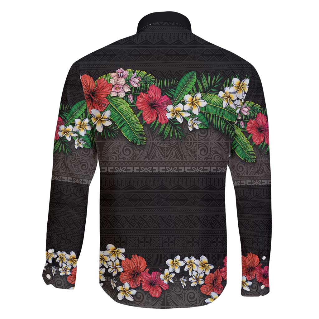 Hawaiian Tropical Flowers and Tribal Polynesian Tattoo Family Matching Puletasi and Hawaiian Shirt Black Color LT03 - Polynesian Pride