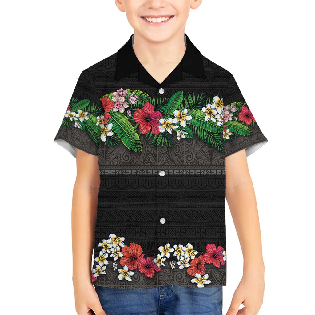 Hawaiian Tropical Flowers and Tribal Polynesian Tattoo Family Matching Puletasi and Hawaiian Shirt Black Color LT03 Son's Shirt Black - Polynesian Pride