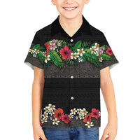 Hawaiian Tropical Flowers and Tribal Polynesian Tattoo Family Matching Puletasi and Hawaiian Shirt Black Color LT03 Son's Shirt Black - Polynesian Pride