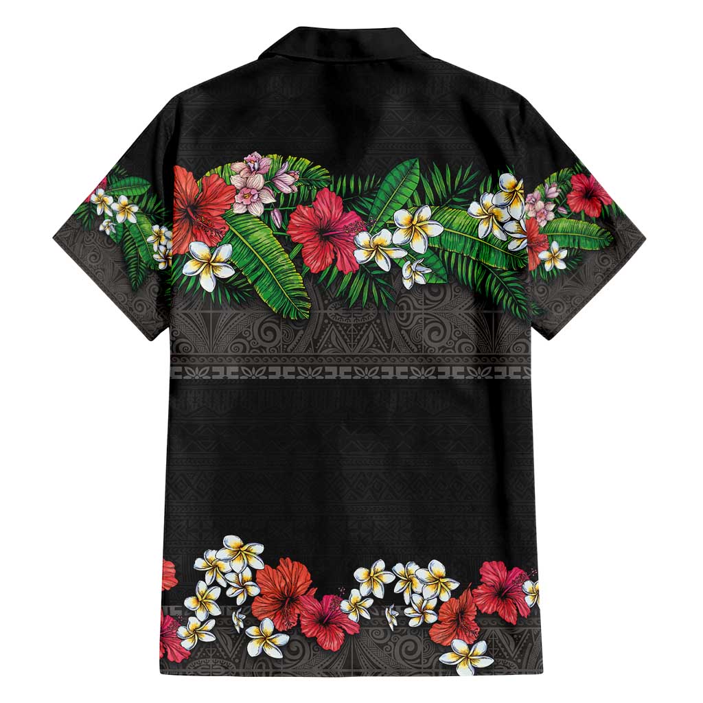 Hawaiian Tropical Flowers and Tribal Polynesian Tattoo Family Matching Summer Maxi Dress and Hawaiian Shirt Black Color