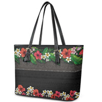 Hawaiian Tropical Flowers and Tribal Polynesian Tattoo Leather Tote Bag Black Color