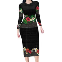 Hawaiian Tropical Flowers and Tribal Polynesian Tattoo Long Sleeve Bodycon Dress Black Color LT03 Long Dress Black - Polynesian Pride