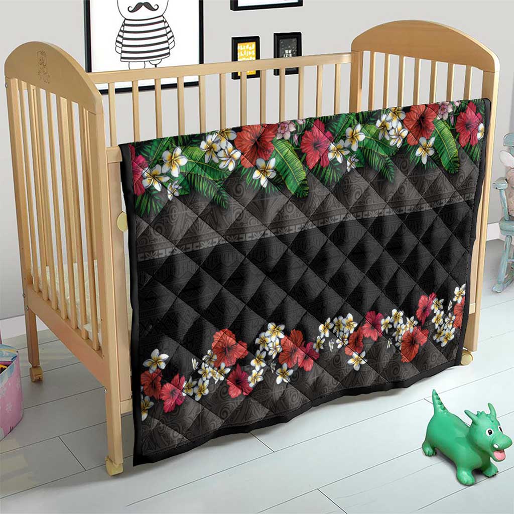 Hawaiian Tropical Flowers and Tribal Polynesian Tattoo Quilt Black Color