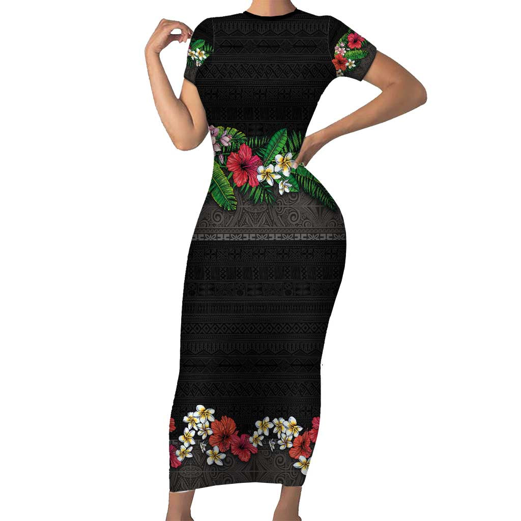 Hawaiian Tropical Flowers and Tribal Polynesian Tattoo Short Sleeve Bodycon Dress Black Color LT03 Long Dress Black - Polynesian Pride