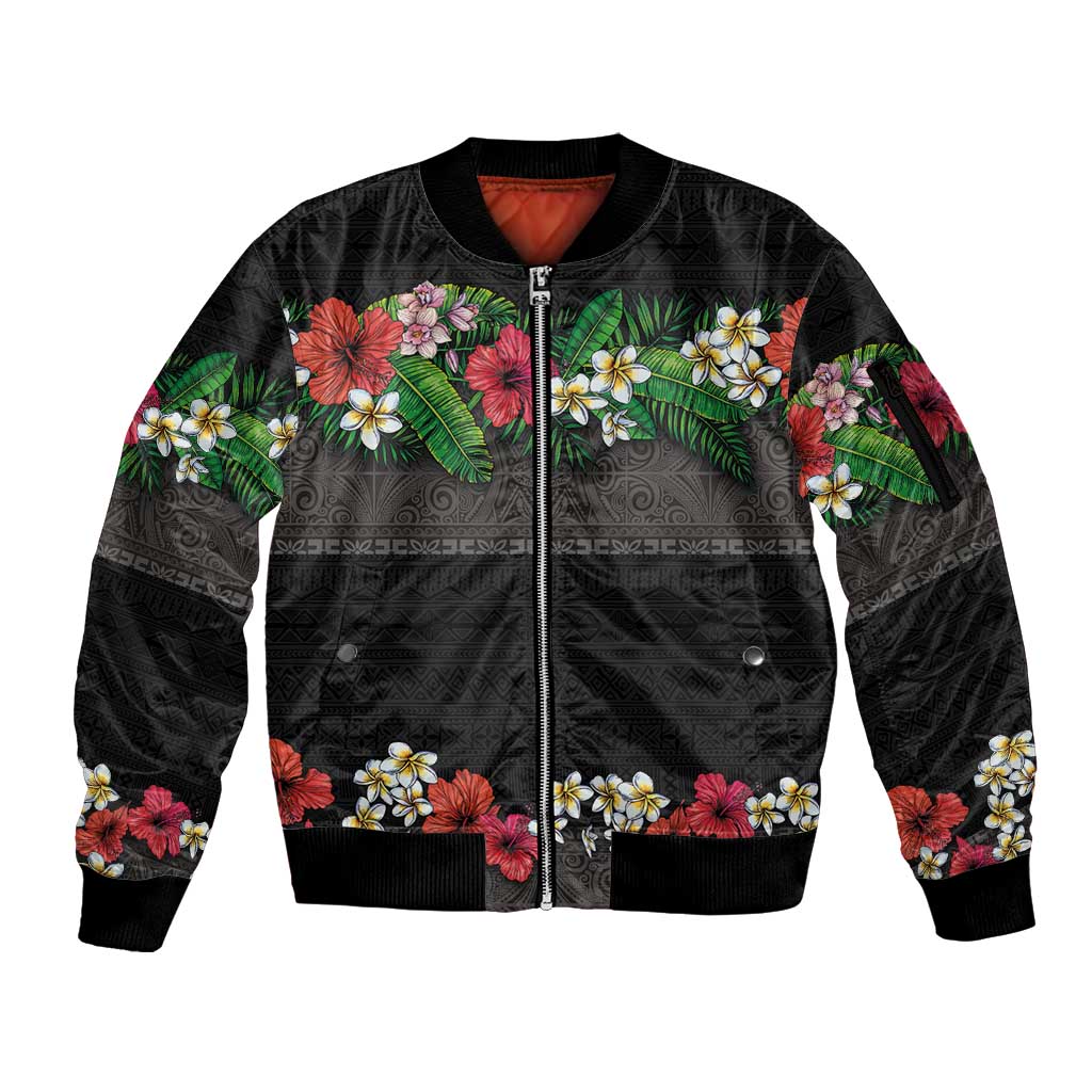 Hawaiian Tropical Flowers and Tribal Polynesian Tattoo Sleeve Zip Bomber Jacket Black Color