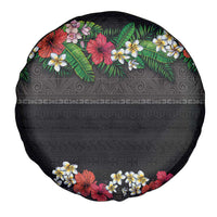 Hawaiian Tropical Flowers and Tribal Polynesian Tattoo Spare Tire Cover Black Color