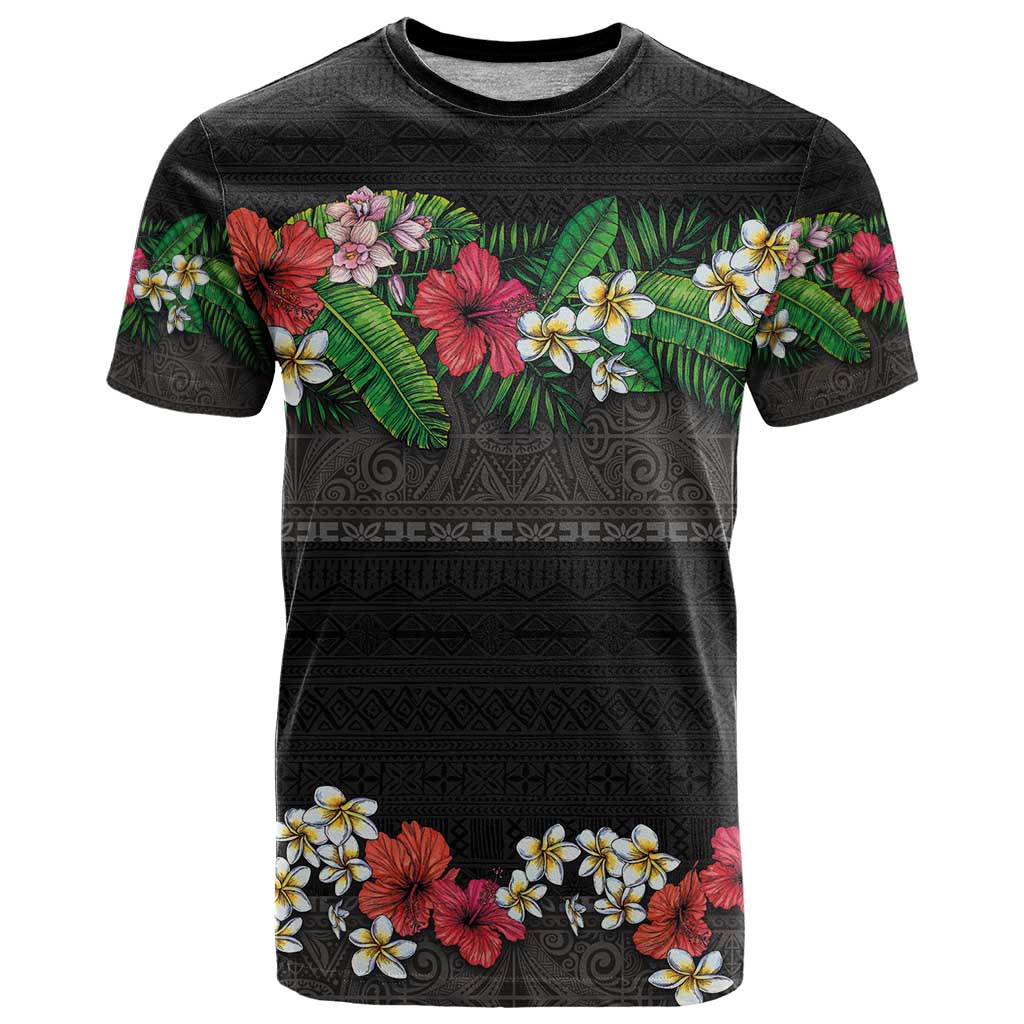 Hawaiian Tropical Flowers and Tribal Polynesian Tattoo T Shirt Black Color