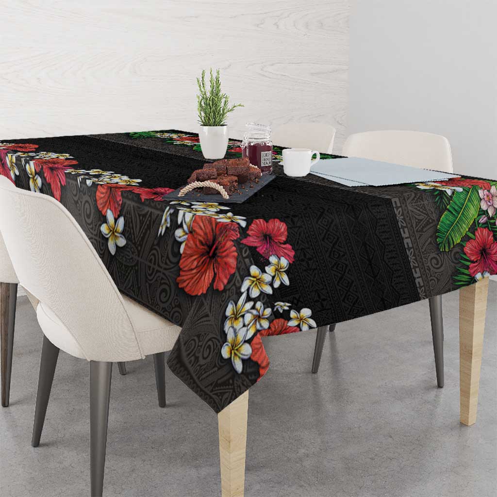 Hawaiian Tropical Flowers and Tribal Polynesian Tattoo Tablecloth Black Color
