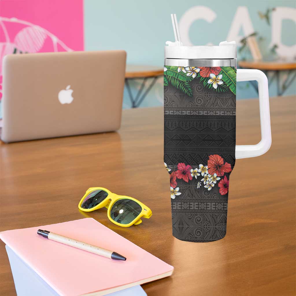 Hawaiian Tropical Flowers and Tribal Polynesian Tattoo Tumbler With Handle Black Color