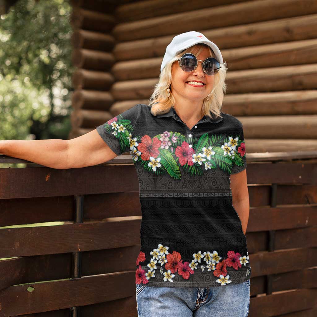 Hawaiian Tropical Flowers and Tribal Polynesian Tattoo Women Polo Shirt Black Color