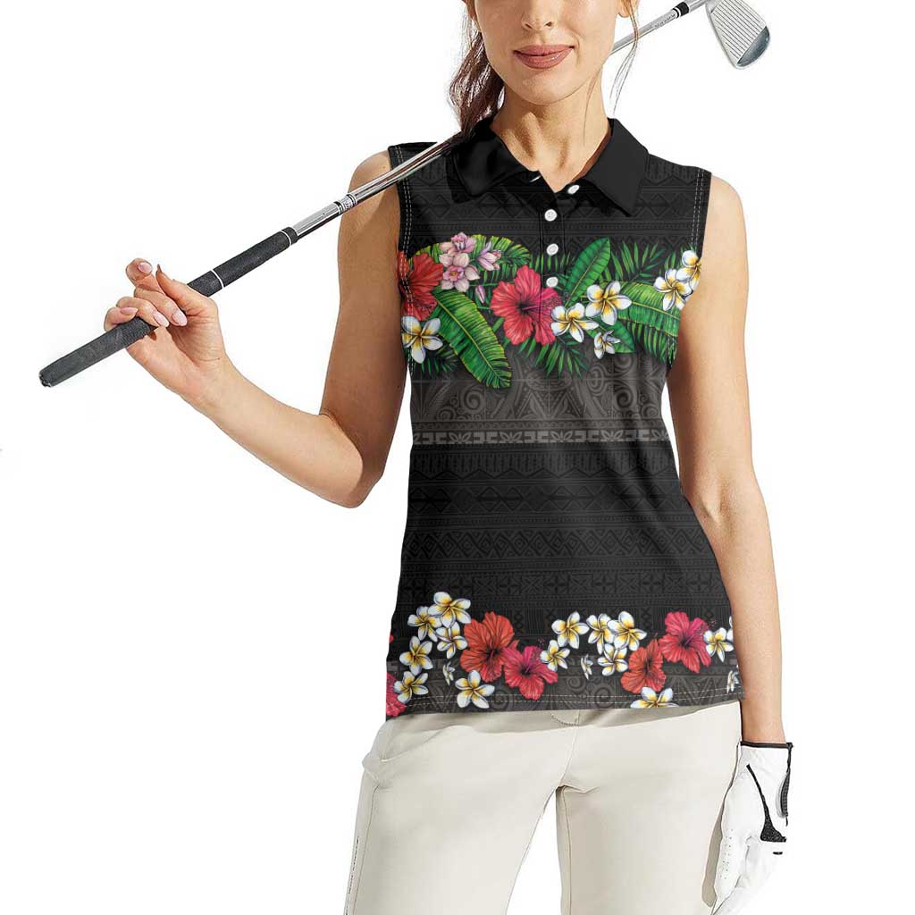 Hawaiian Tropical Flowers and Tribal Polynesian Tattoo Women Sleeveless Polo Shirt Black Color