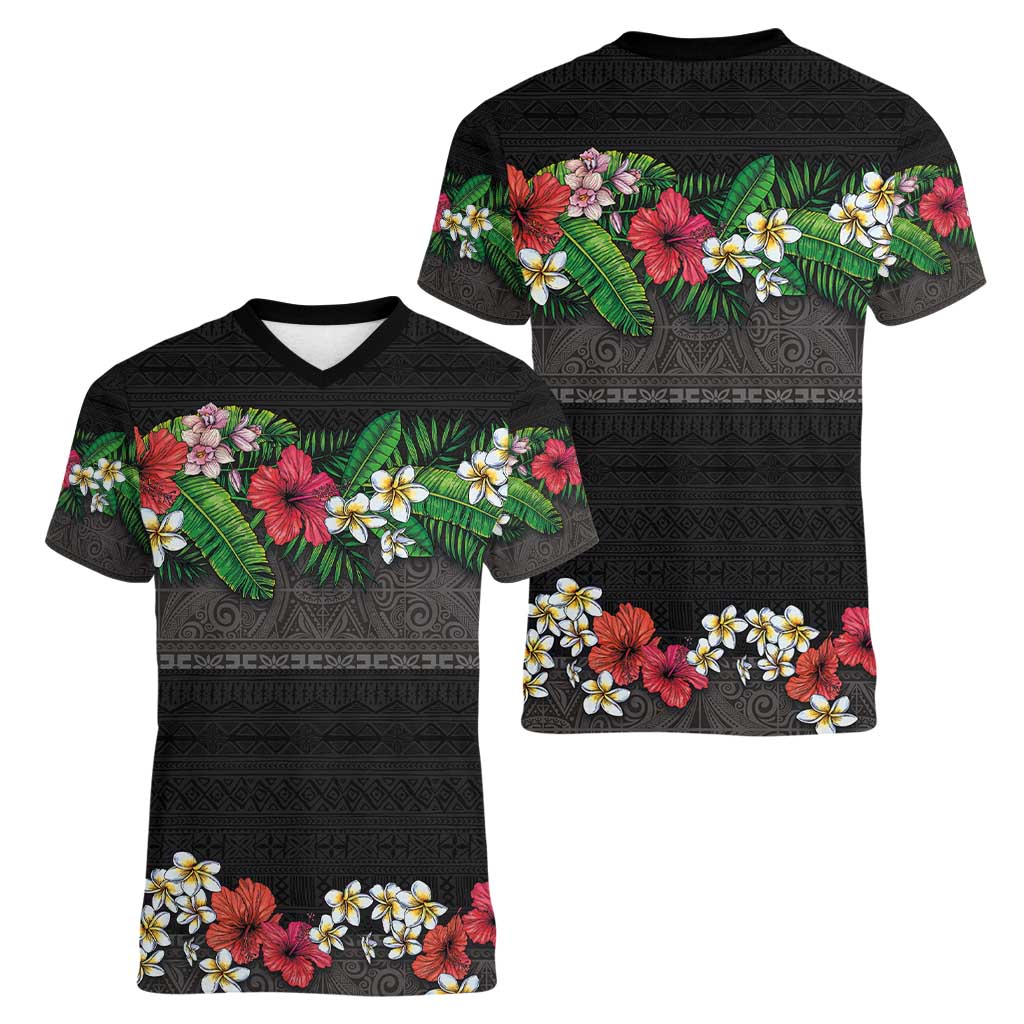 Hawaiian Tropical Flowers and Tribal Polynesian Tattoo Women V-Neck T-Shirt Black Color LT03 - Polynesian Pride