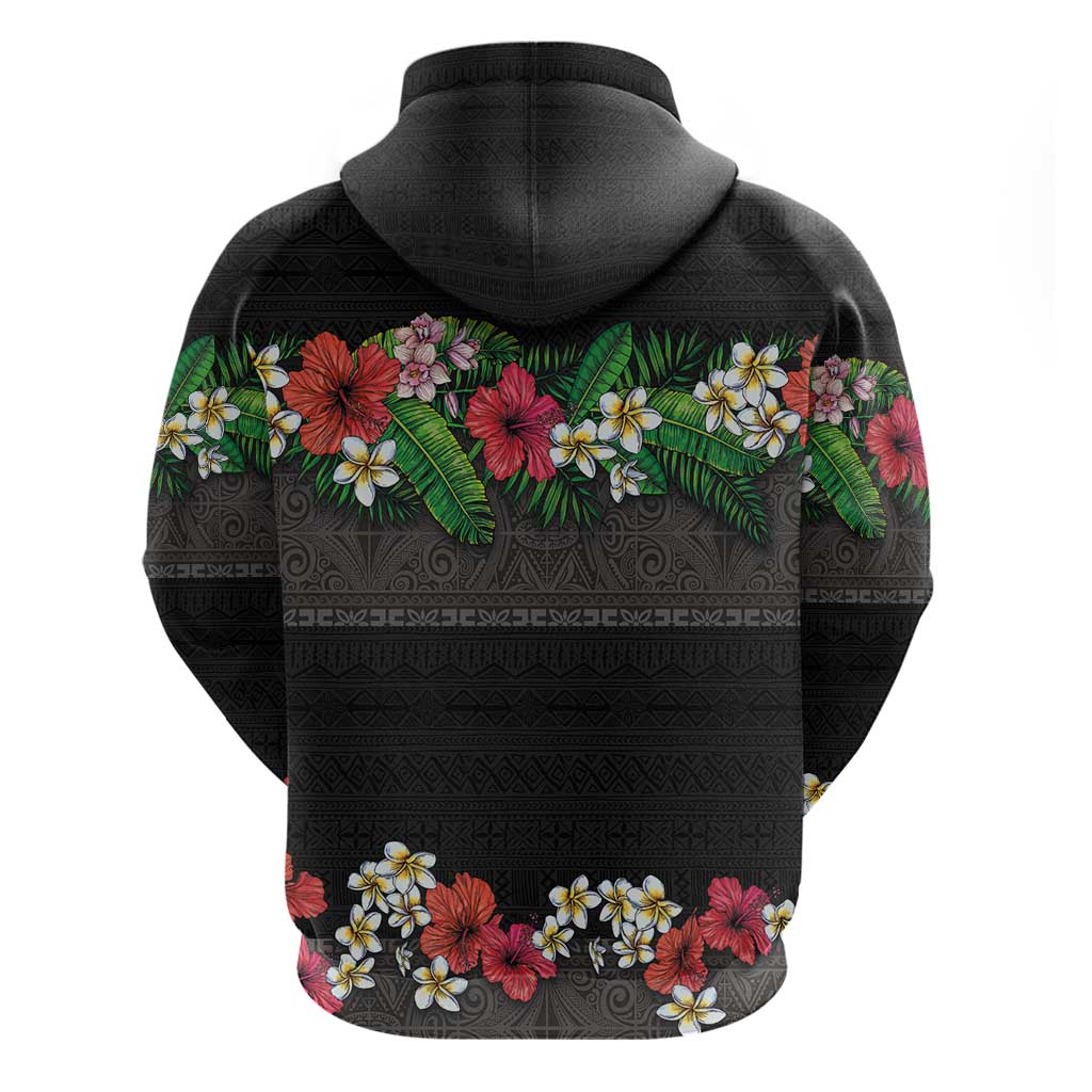 Hawaiian Tropical Flowers and Tribal Polynesian Tattoo Zip Hoodie Black Color